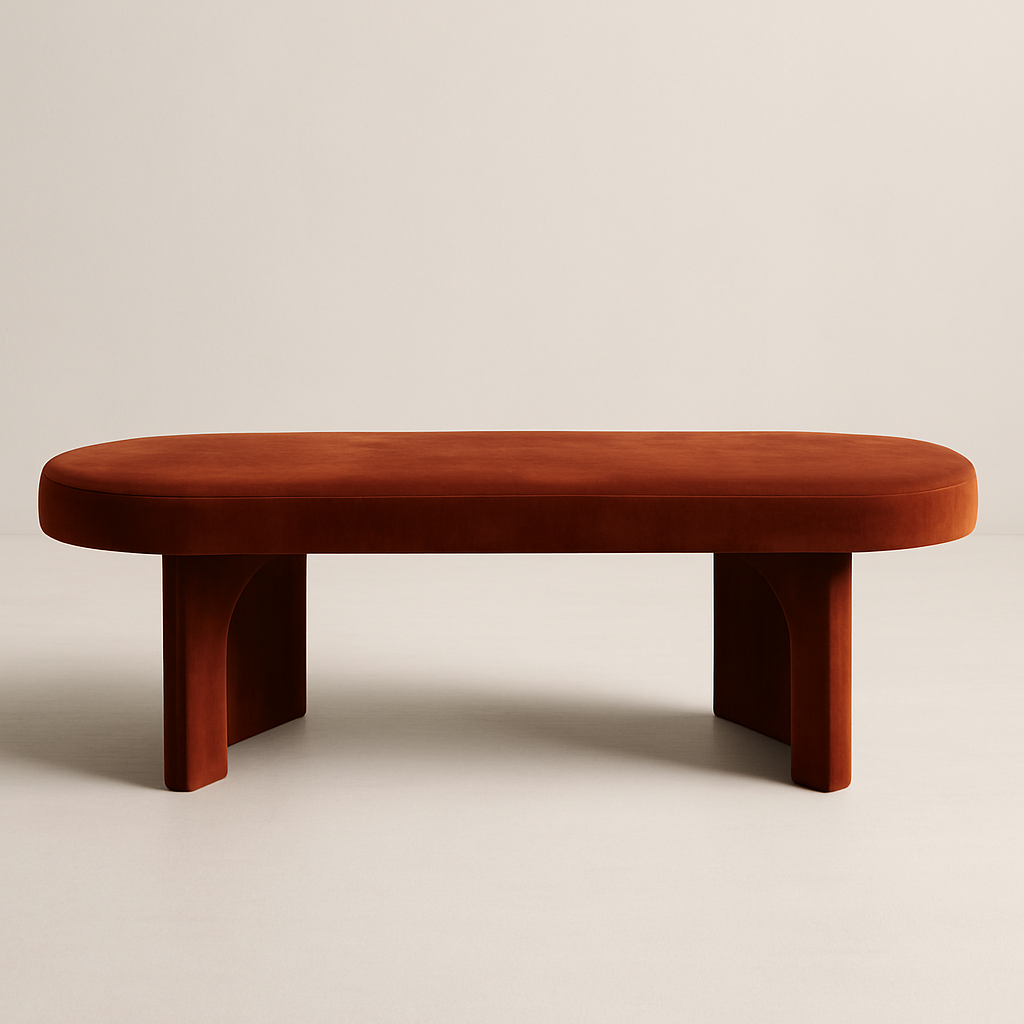 Wooden bench with a curved seat and sturdy legs, placed on a plain background.