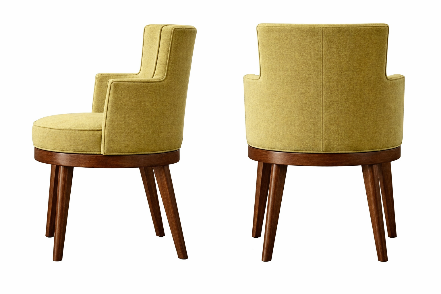 Two yellow upholstered dining chairs with wooden legs, shown from different angles against a white background.