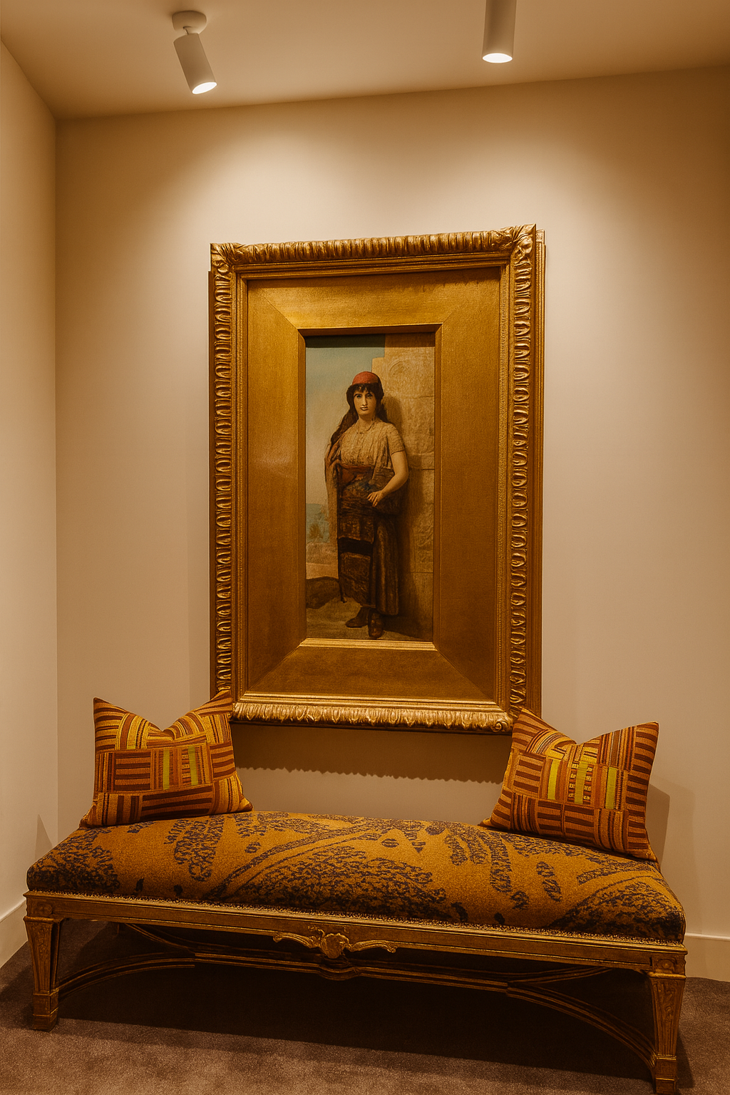 A portrait painting of a woman in traditional attire hanging on a wall above a vintage upholstered bench with two striped pillows, illuminated by ceiling lights.