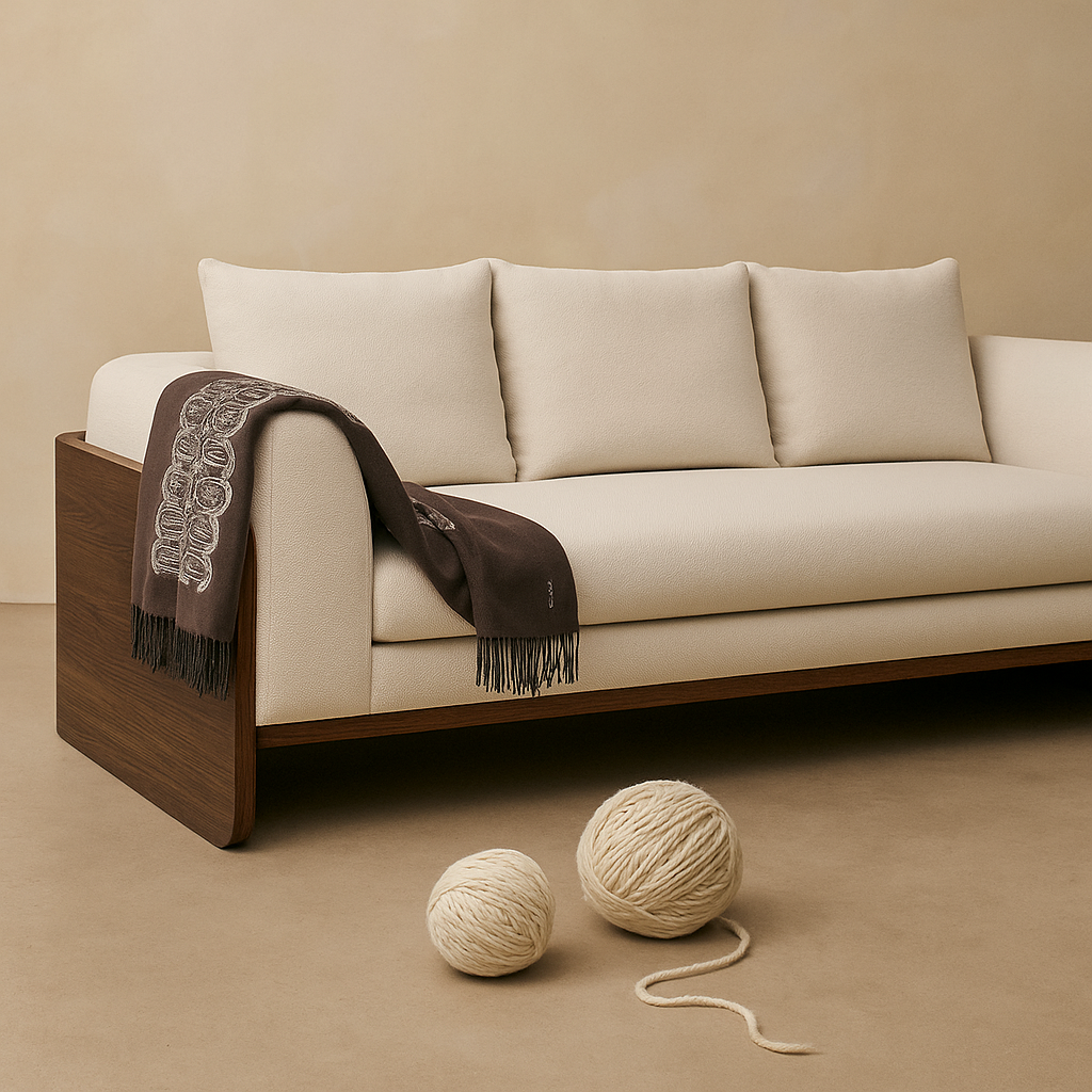 A modern beige sofa with three cushions, a black patterned throw blanket draped over one arm, and two balls of yarn on the floor in front.