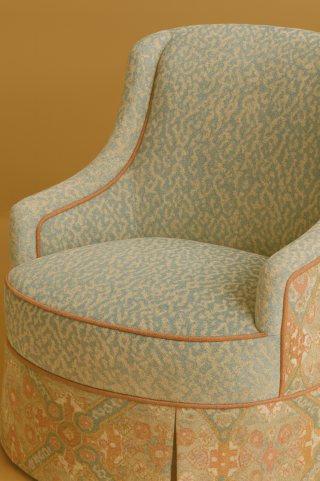 Close-up of a vintage armchair with light blue patterned fabric and orange piping, set against a plain yellow background.