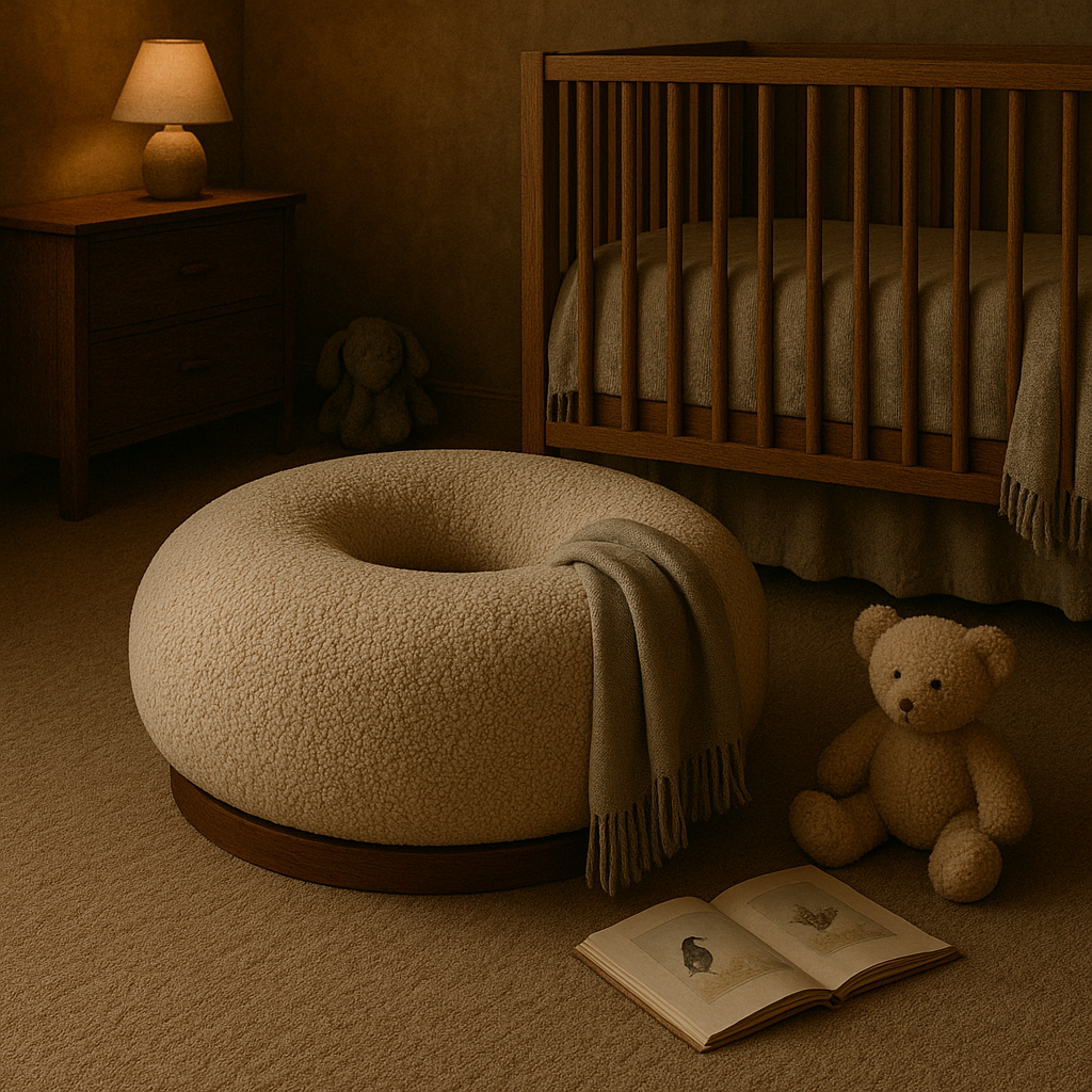 A cozy nursery with a wooden crib, soft beige blanket, plush teddy bear, round textured chair with a blanket, bedside table with lamp, and an open children's book on the carpet.