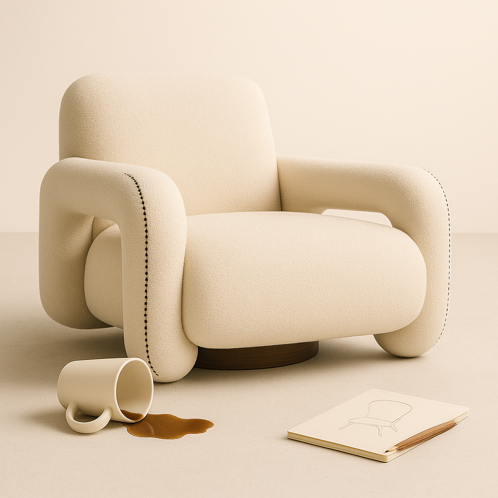 Cream-colored armchair with rounded arms, placed on a plain light background. A coffee mug on the floor has spilled coffee, and an open sketchbook with a drawn chair is nearby.