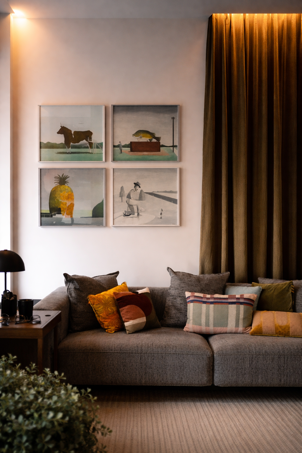 Living room with a grey couch, colorful pillows, a wooden side table with black accessories, a black lamp, and wall art featuring four framed pictures, including a horse, fish, pineapple, and a person on a beach, with a wooden curtain.