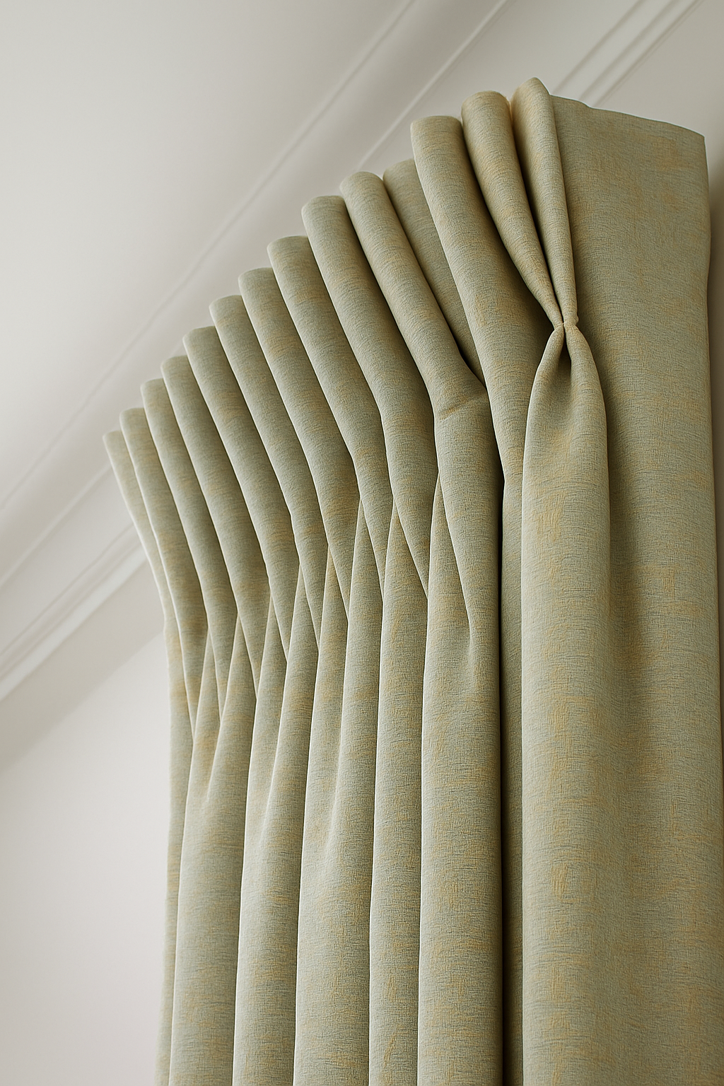 Beige curtains gathered and draped, hanging from a curtain rod against a white wall.