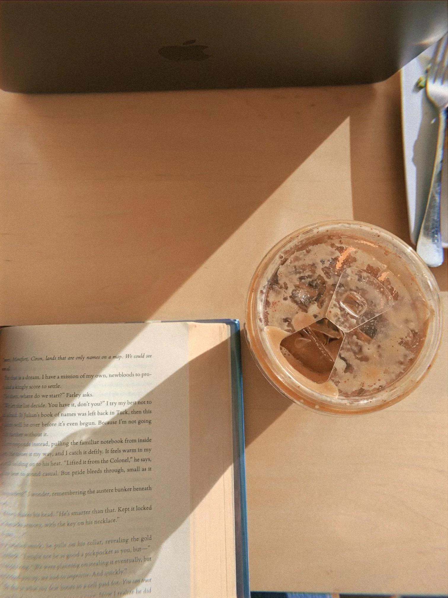 An open book on a wooden table with a glass of iced coffee and a laptop in the background, with sunlight casting shadows on the table.