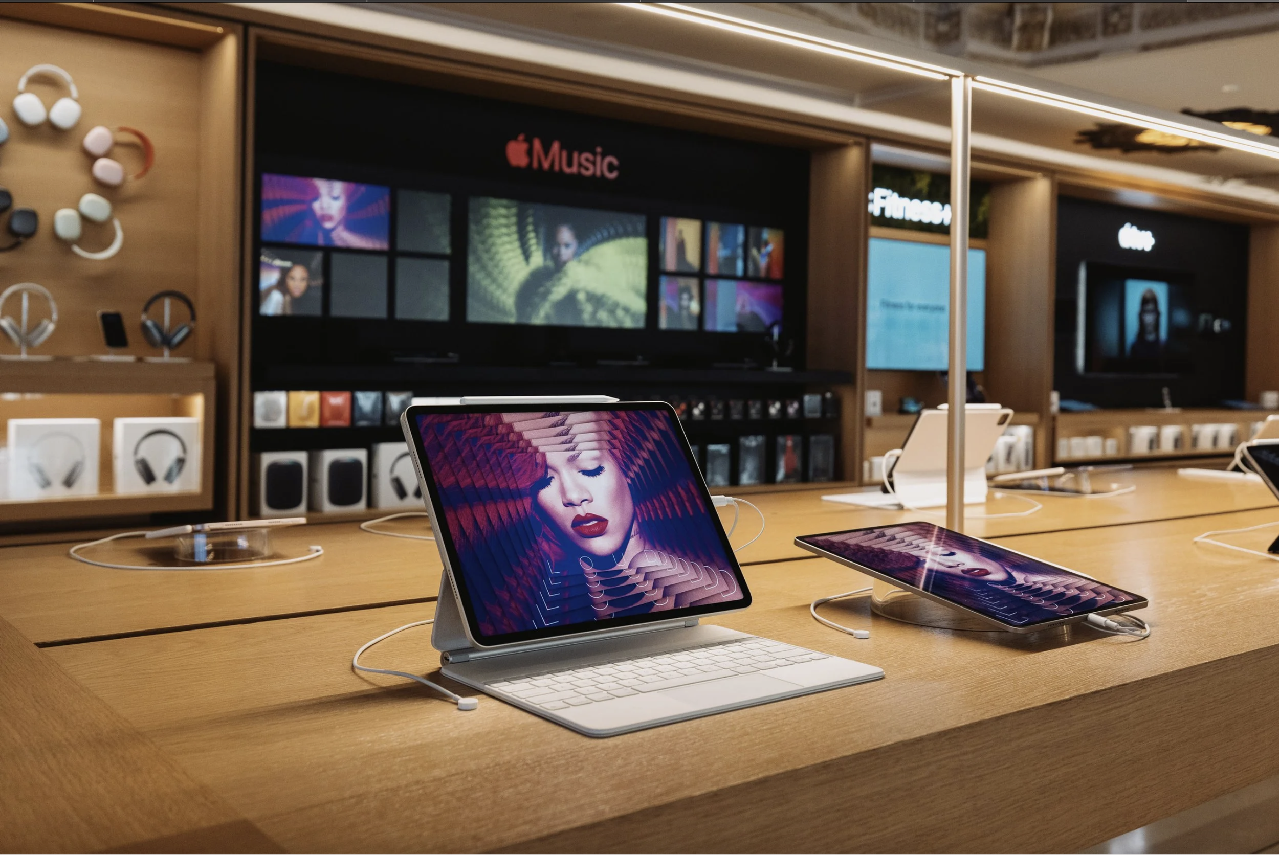 Electronic devices on display in an Apple store, including tablets with digital artwork of a Rihanna's face, headphones on the wall, and large screens showcasing media content.