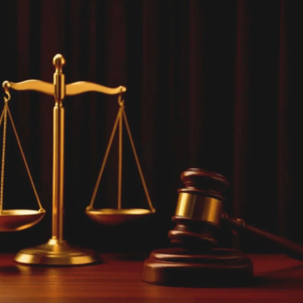 A gold balance scale and a wooden gavel on a judge's bench in a dimly lit setting.