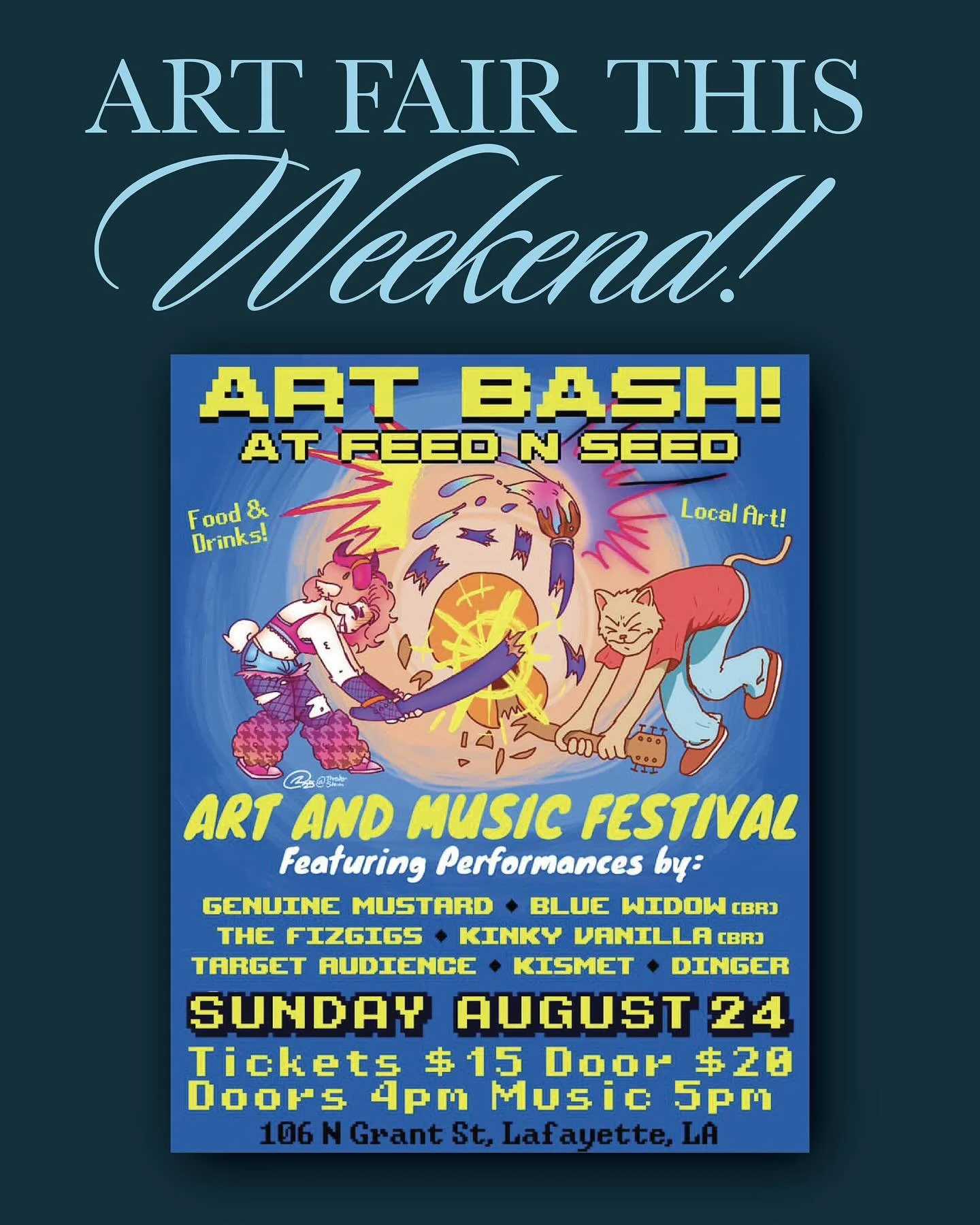 💙💛🎶🎸 Incredibly excited to announce that I will be at @feednseedbar for ART BASH‼️ as an art vendor 🥰🎨 I will be bringing allllll my paintings and also some BRAND NEW works made just for this event!! 🌷 See you on sunday babesss

#localartist #