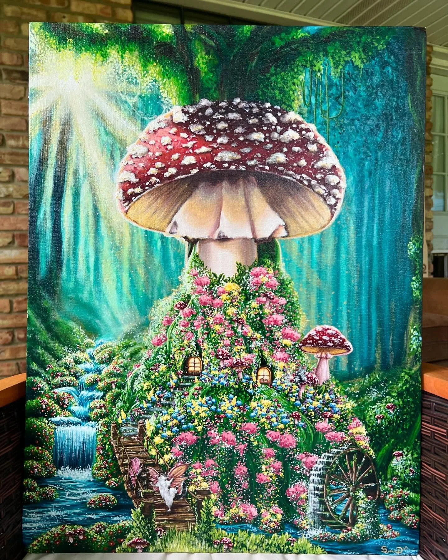 🍄💐🐈✨🥧 This piece was a huuuge step toward expanding my horizons and abilities, I tend to say i&rsquo;m a portrait artist but now i can say i do fantasy worlds too!! Switching gears in subject matter so drastically, this one was painted with blood