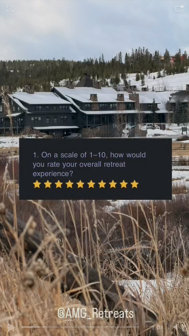 A snowy landscape with a large dark house in the background, surrounded by trees, and dry grass in the foreground. A survey prompt about rating a retreat experience with 10 gold stars is overlaid on the image.