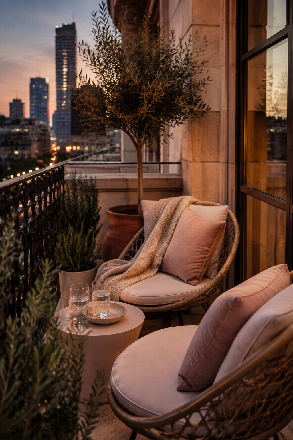 Balcony outdoor seating with two rattan chairs and a small round table, holding two glasses of water and a plate, at sunset in an urban setting.