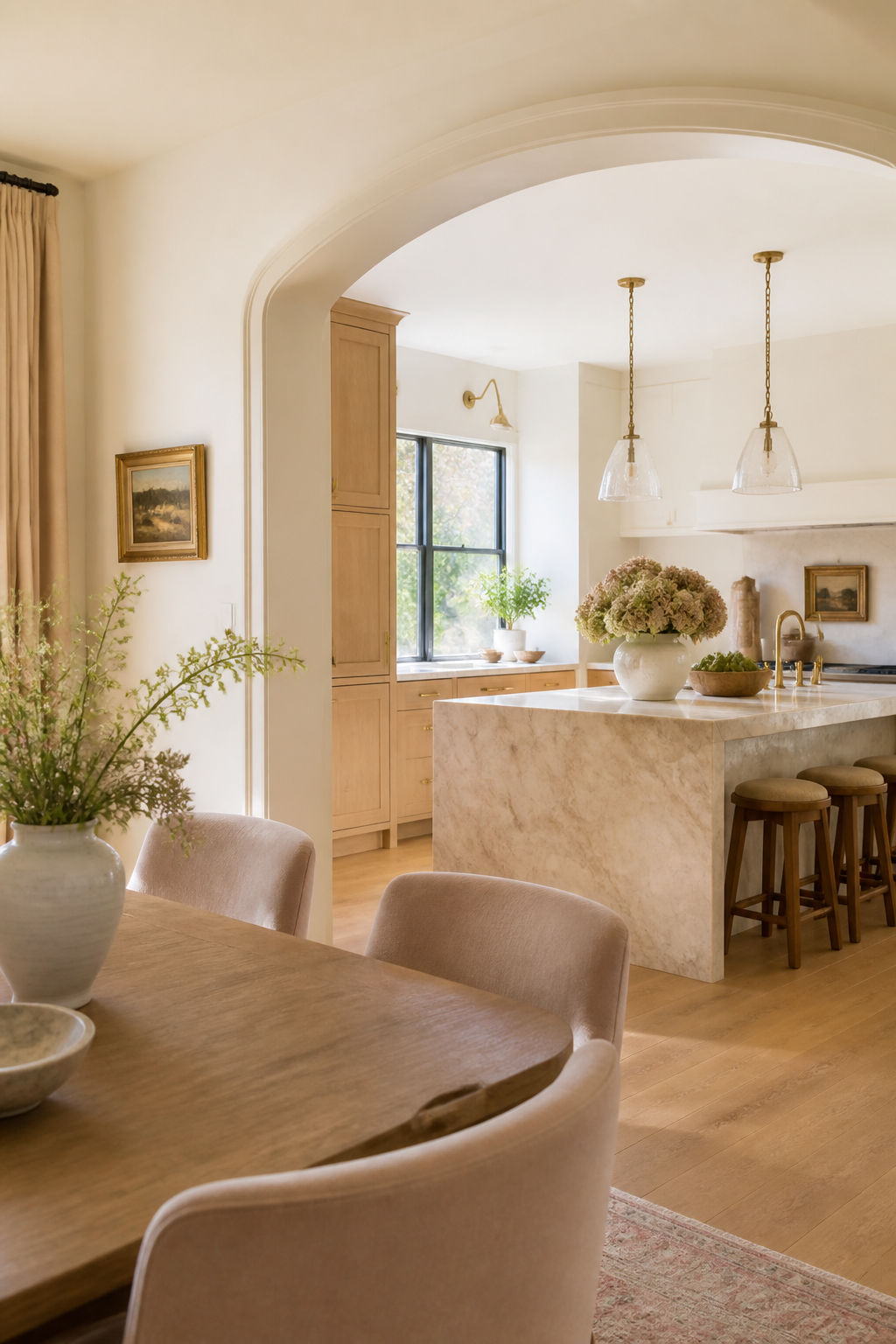 Bright, airy kitchen with a marble island, wooden bar stools, pendant lights, a window with a plant, and light wood cabinetry.