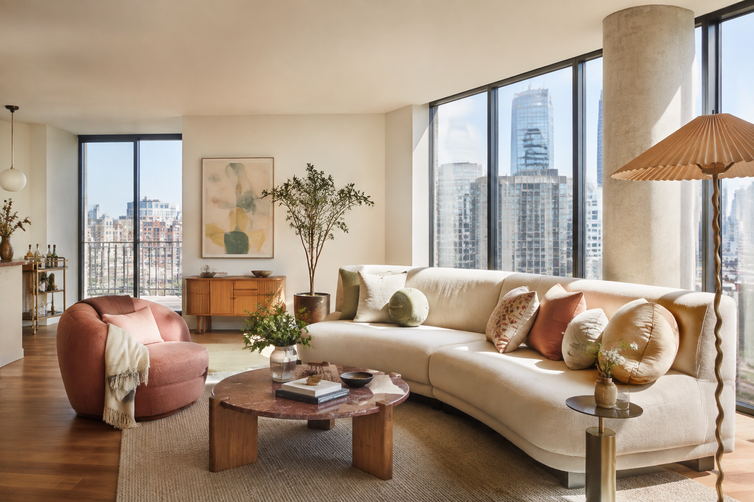 Bright living room with large windows, cream sectional sofa with pillows, pink armchair with blanket, wooden coffee table, potted plants, abstract wall art, city skyline view.