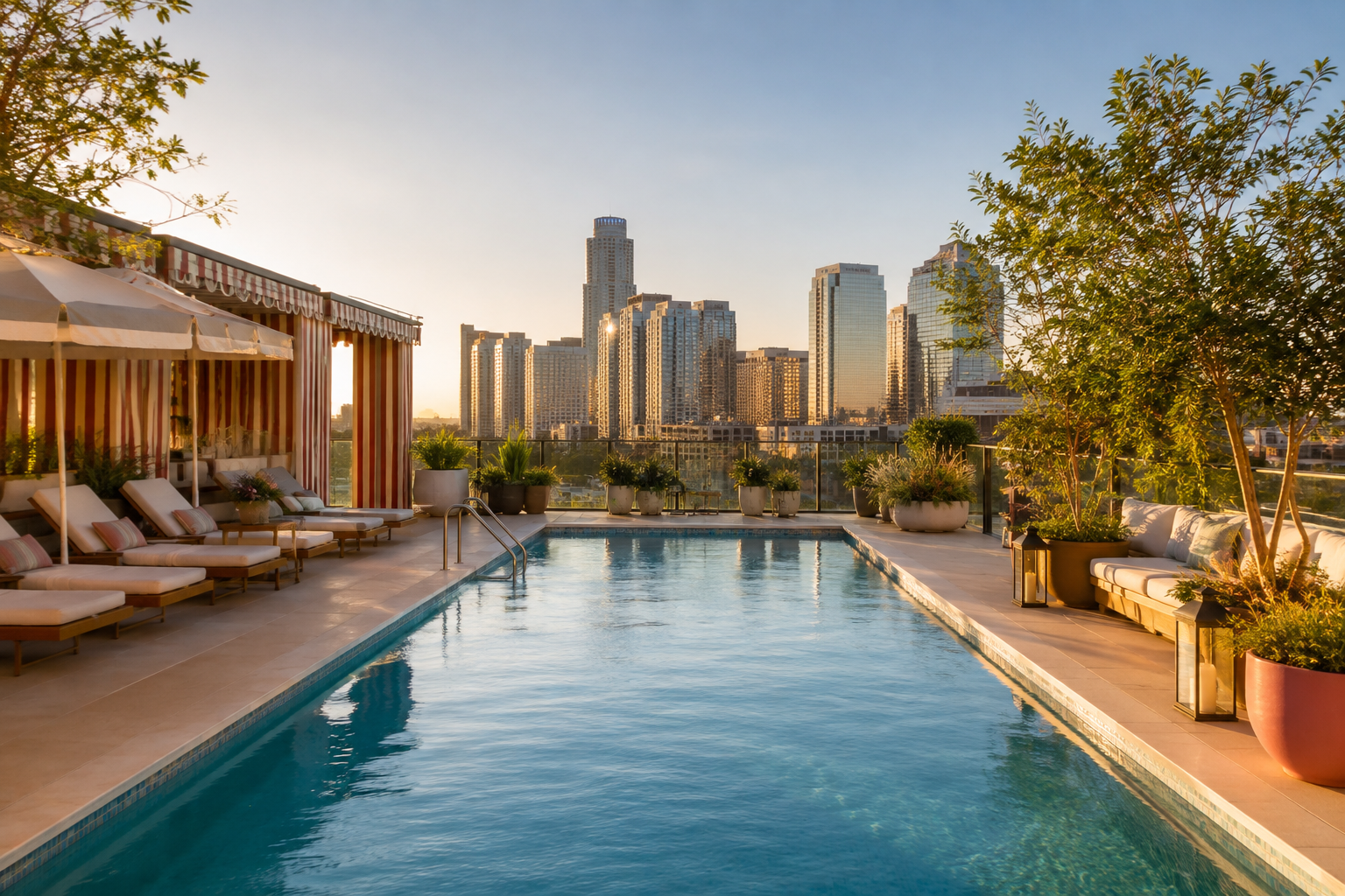Rooftop swimming pool with lounge chairs, potted plants, and city skyline in the background during sunset.