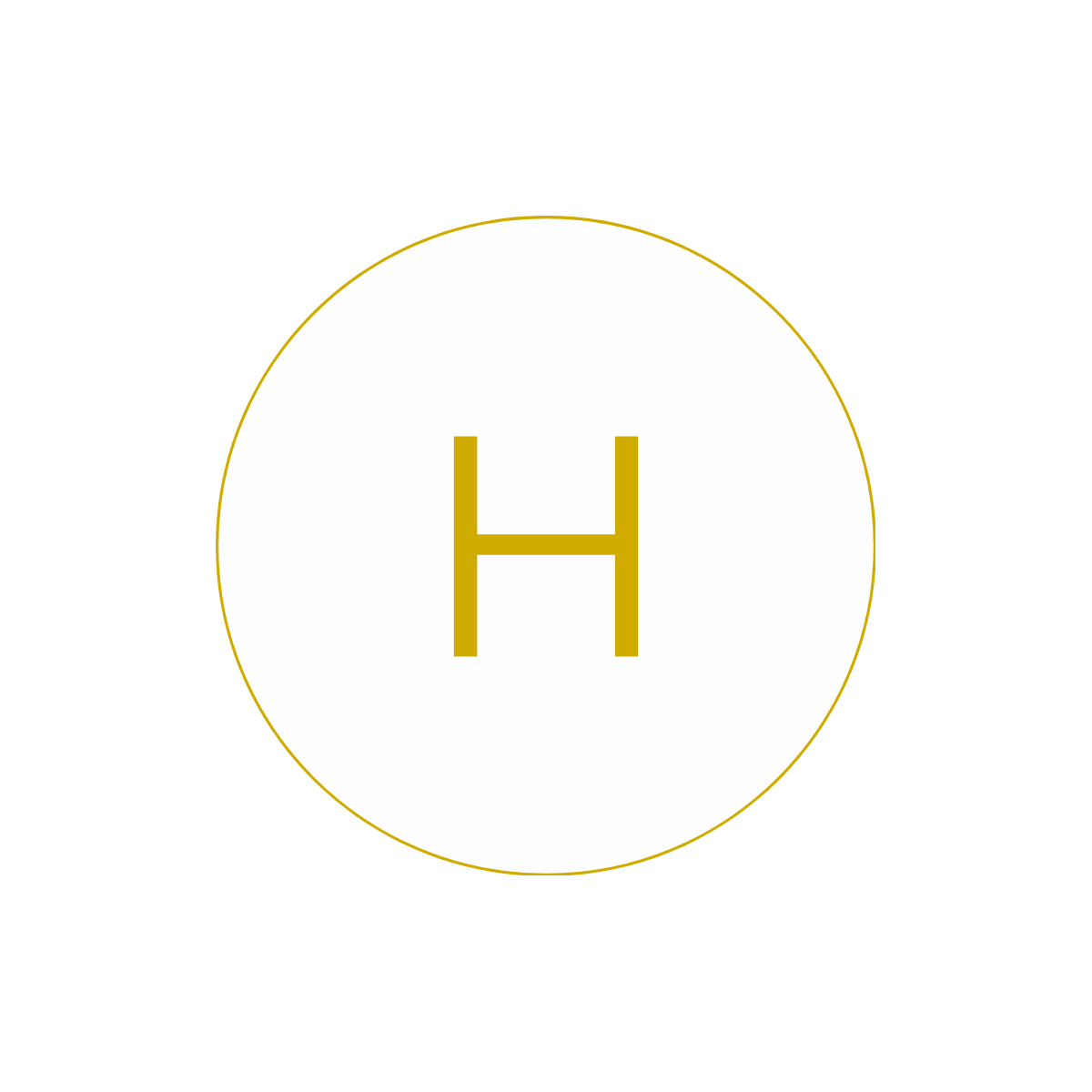 Logo of a health organization with a black background, a white circle in the center, and a gold 'H' in the middle of the circle.