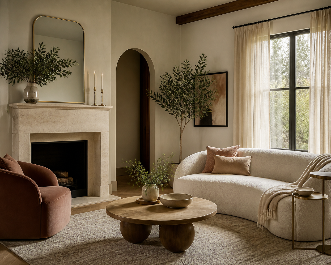 Living room with a beige marble fireplace, a large window with cream curtains, a white curved sofa with plush pillows, a round wooden coffee table with a vase and bowls, a brown velvet armchair, and green plants, creating a cozy and elegant atmosphere.