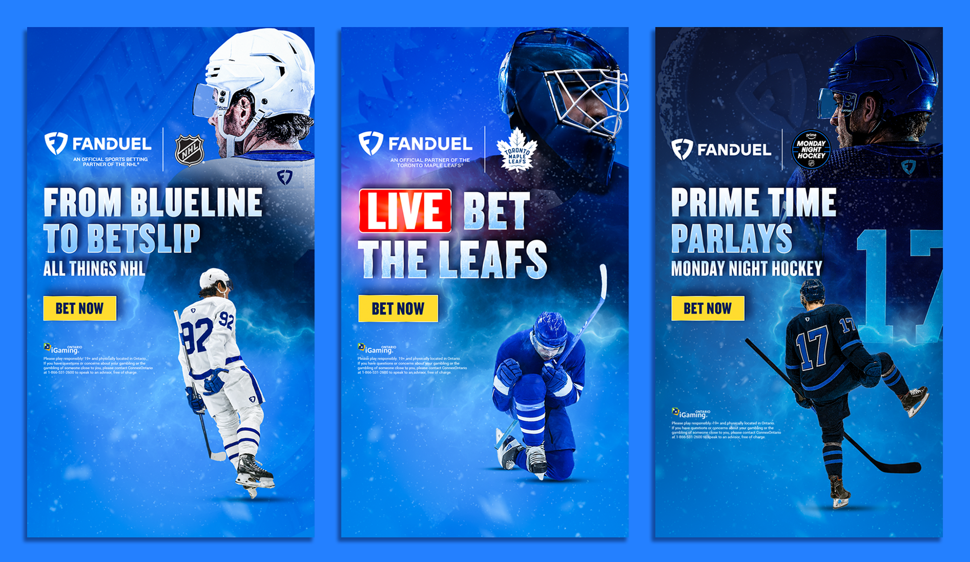Three promotional banners for NHL hockey betting. The first features a white hockey player in the background with the text 'From Blueline to Betslip' and a yellow 'Bet Now' button. The second shows a blue hockey goalie with a net in the background, with the text 'Live Bet the Leafs' and a yellow 'Bet Now' button. The third displays a black hockey player with a hockey puck and the text 'Prime Time Parlays' with a yellow 'Bet Now' button.