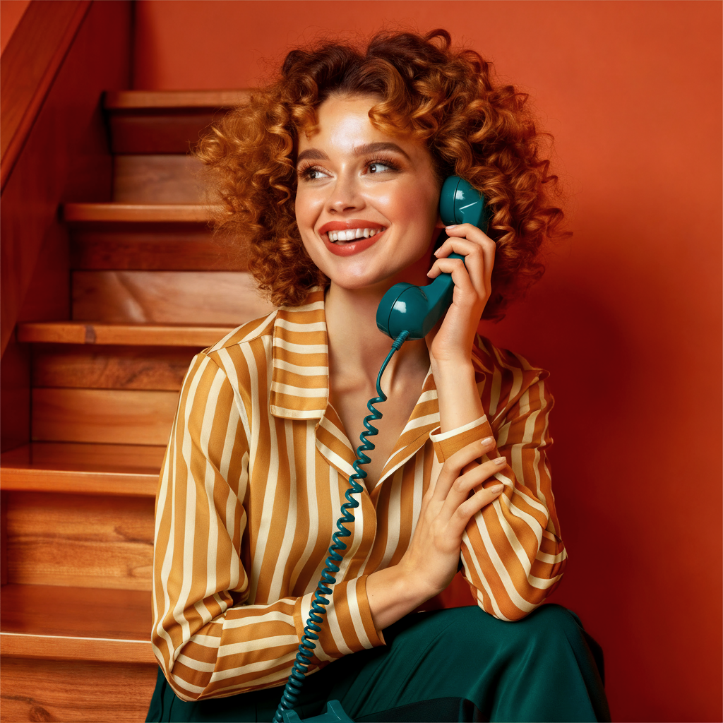 A woman with curly red hair and a striped yellow and white shirt, smiling while talking on a blue vintage rotary phone, sitting on wooden stairs against a red wall.
