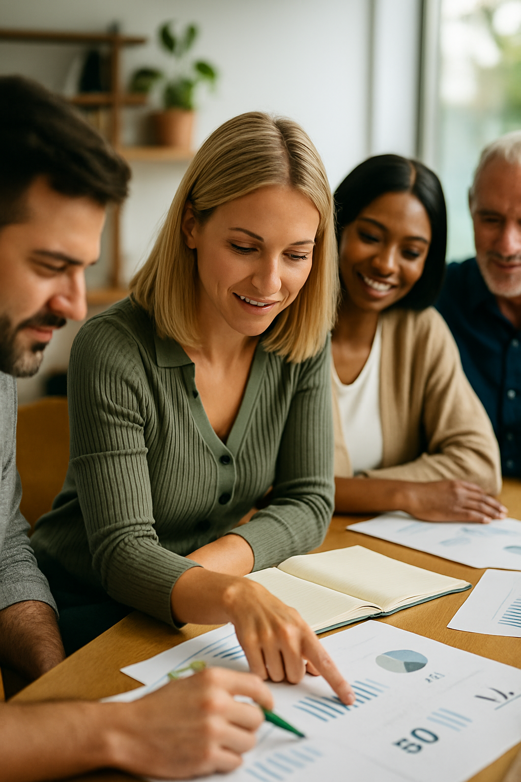 Group of four diverse colleagues working together, reviewing financial charts and graphs at a table in a bright office.
