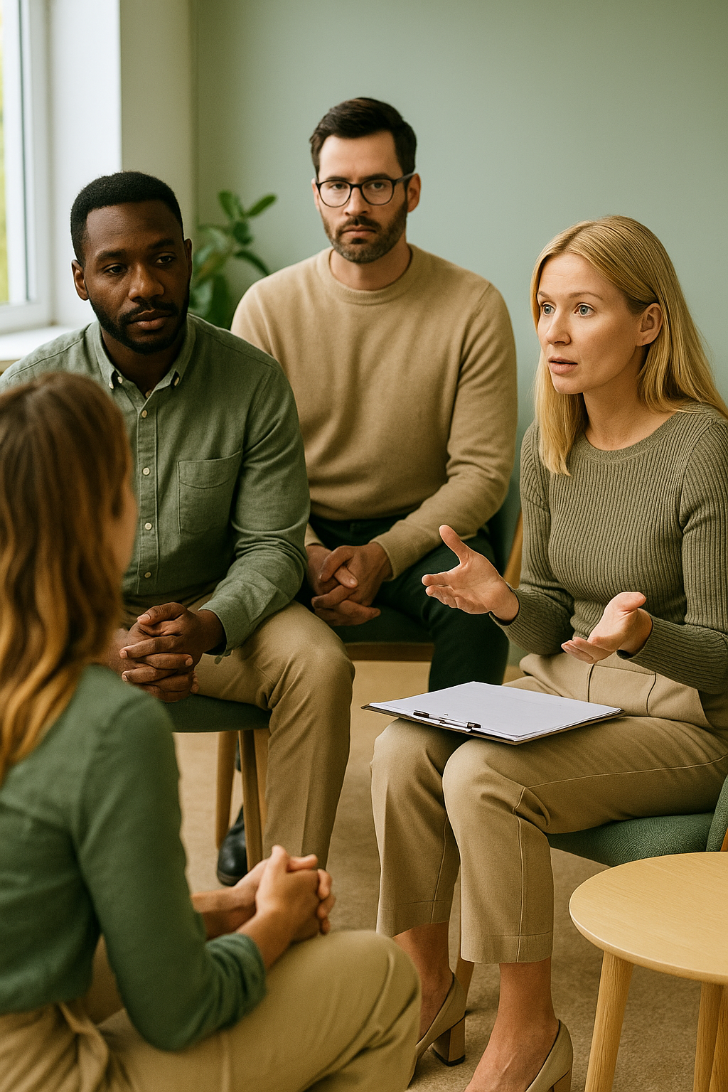 A woman with blonde hair is speaking to a group during a meeting. She is gesturing with her hands, has a clipboard on her lap, and is wearing a green sweater and beige pants. Three other people, two men and one woman, are listening attentively. The setting is a bright room with a green wall and a window.