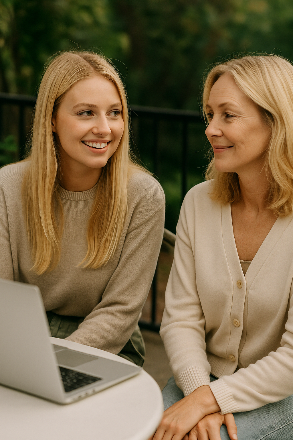 Two women sitting outdoors near a laptop, engaged in conversation and smiling at each other.