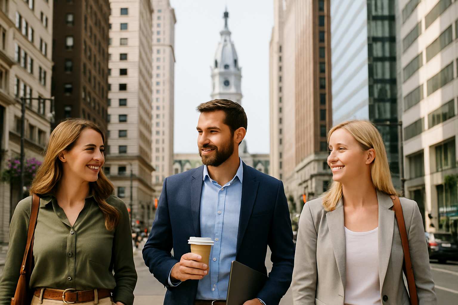 Three business professionals walking in downtown city, talking and smiling, with tall buildings and a clock tower in the background.