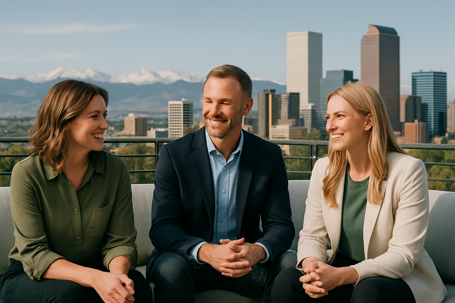 Three people sitting on a terrace with a city skyline in the background, smiling and engaging in conversation.