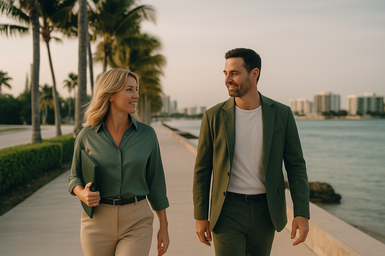 A man and a woman walking along a seaside sidewalk with palm trees and buildings in the background. The woman is holding a notebook and smiling, and they are looking at each other.