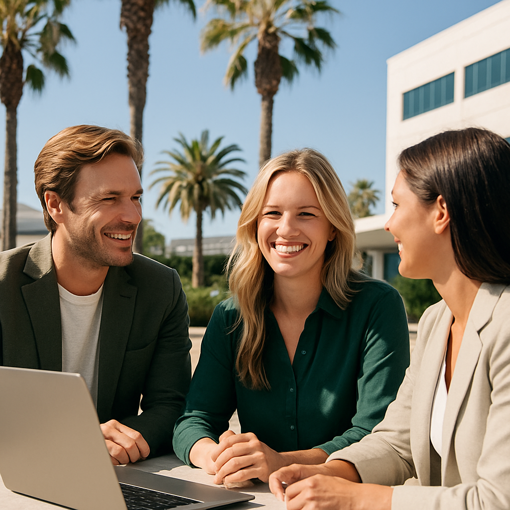 Three professionally dressed people, two women and one man, sitting outdoors at a table with a laptop, smiling and engaging in conversation, with palm trees and a modern building in the background.