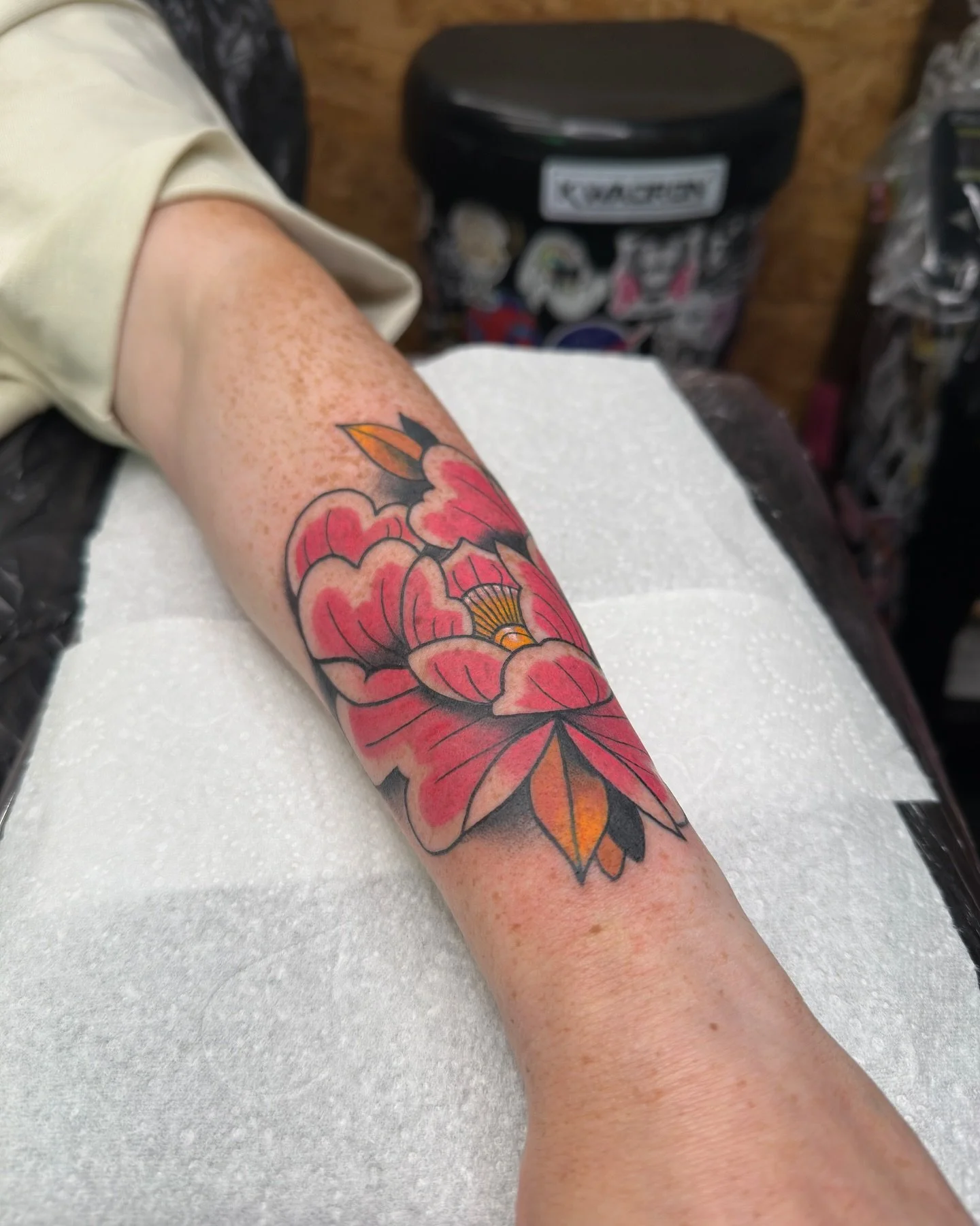 neo traditional full colour peony peonies tattoo 