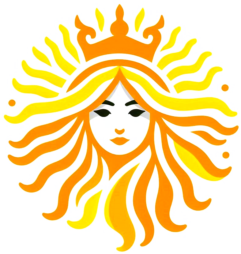 Stylized illustration of a woman with flowing hair in yellow and orange shades, wearing a crown, with a serene expression.