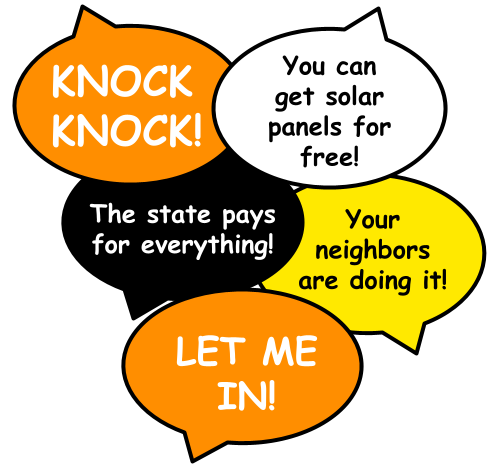 Colorful speech bubbles with messages about solar panels and government support, including 'KNOCK KNOCK!', 'You can get solar panels for free!', 'The state pays for everything!', 'Your neighbors are doing it!', and 'LET ME IN!'