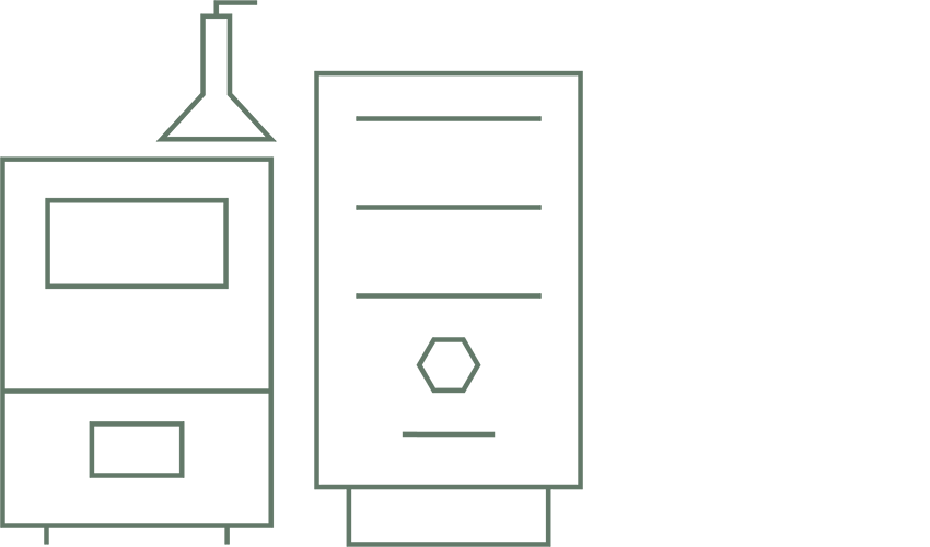 Line drawing of laboratory equipment, including a computer monitor, a tall device with a hexagon and lines on it, and a conical flask.