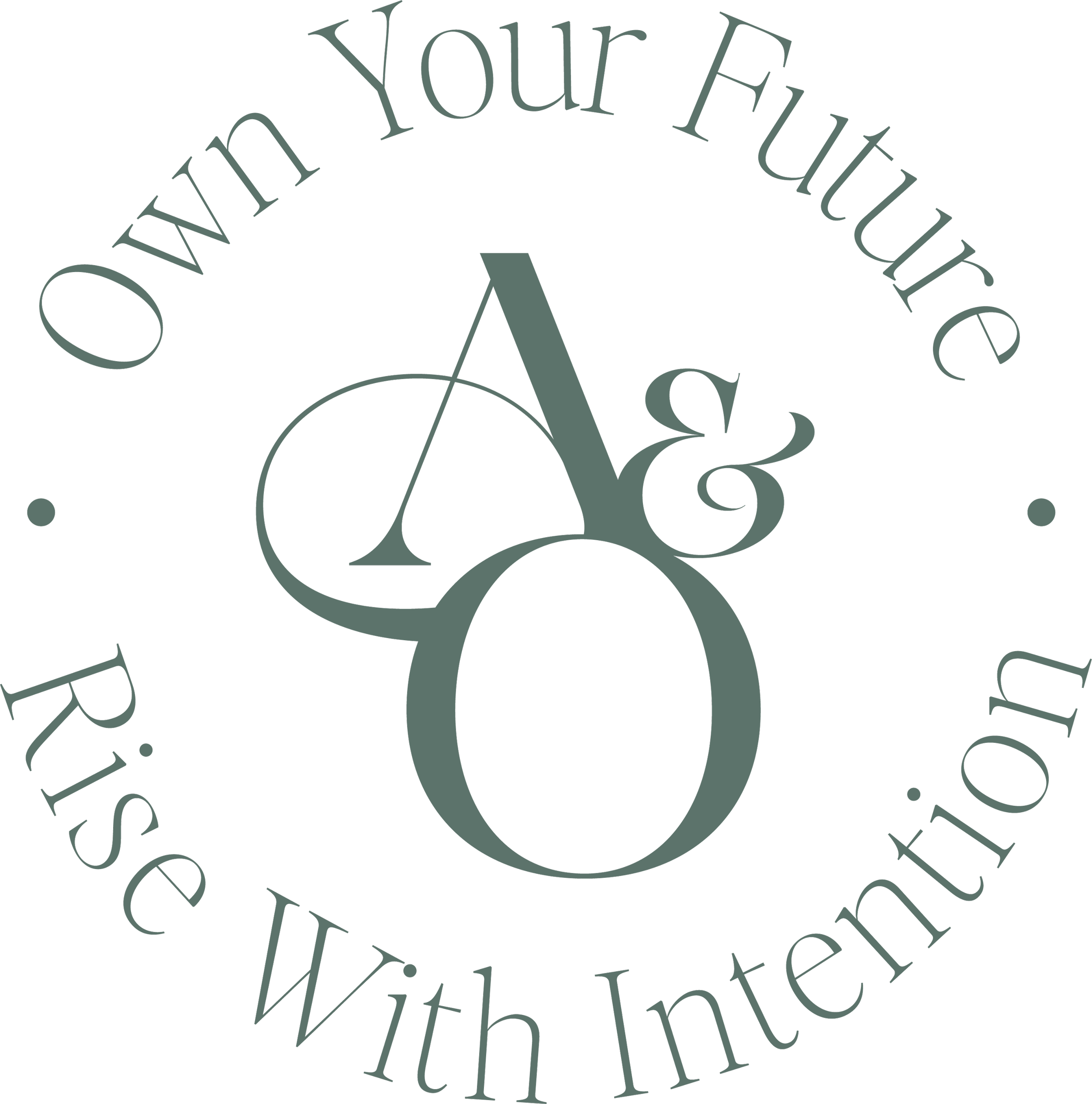 A circular logo with the words "Own Your Future" at the top and "Rise With Intention" at the bottom. In the center, there are stylized, overlapping letters "A" and "G".