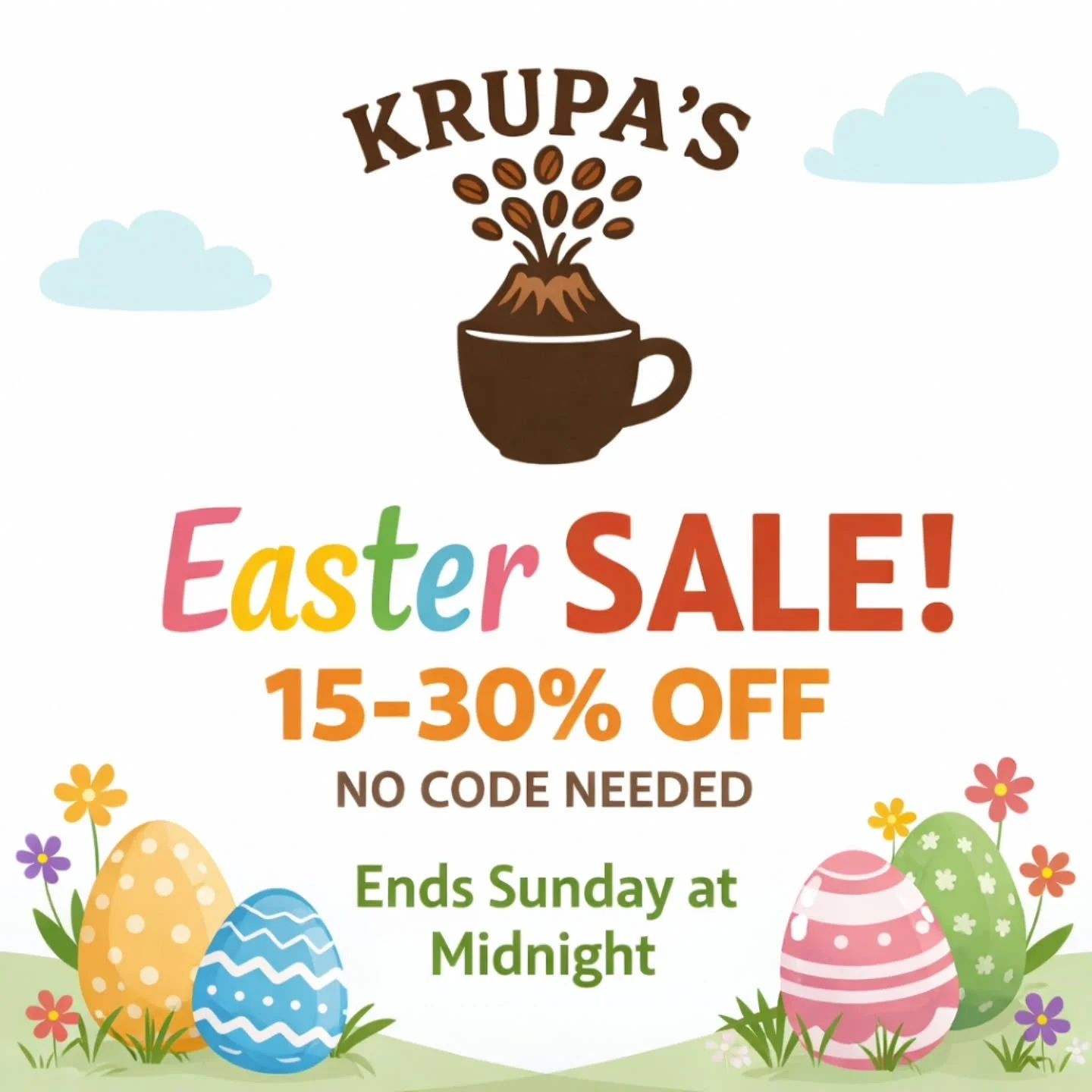 Easter Sale is live and ends Sunday 4/5 at midnight!

All products range between 15-30% off with no code needed!

If you have any questions please reach out!

‐----------------------------------‐----------------------
We GROW, PROCESS, and ROAST all 