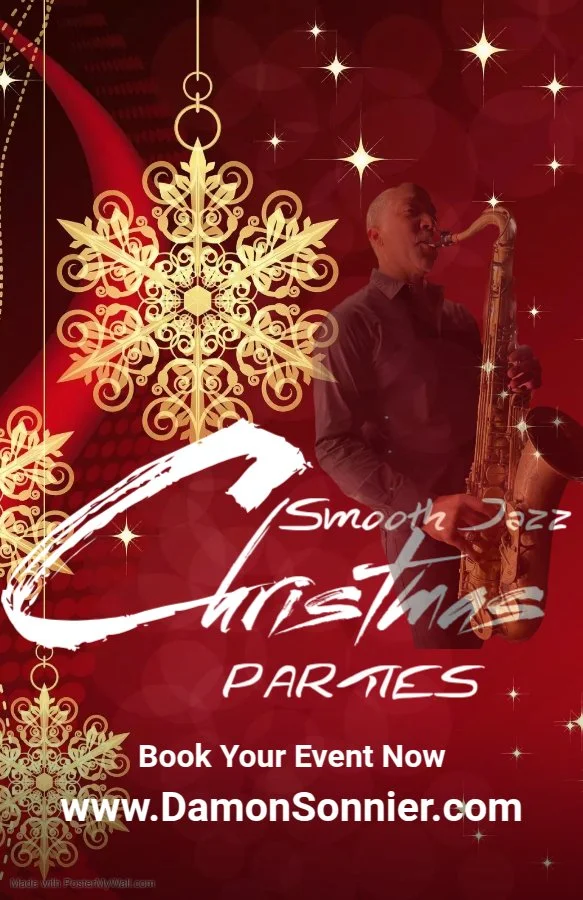 A promotional poster for a Christmas jazz event featuring a man playing a saxophone against a red background decorated with gold snowflakes and sparkles, with text inviting to book events at www.DamonSonnier.com.