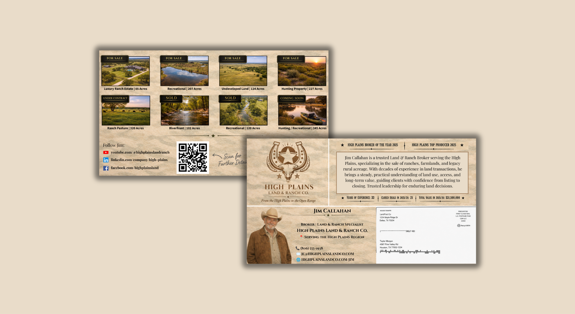 Real estate flyer for High Plains Land & Ranch Co. showcasing land listings with photos of different terrains, a picture of Jim Callahan, contact info, and social media links.