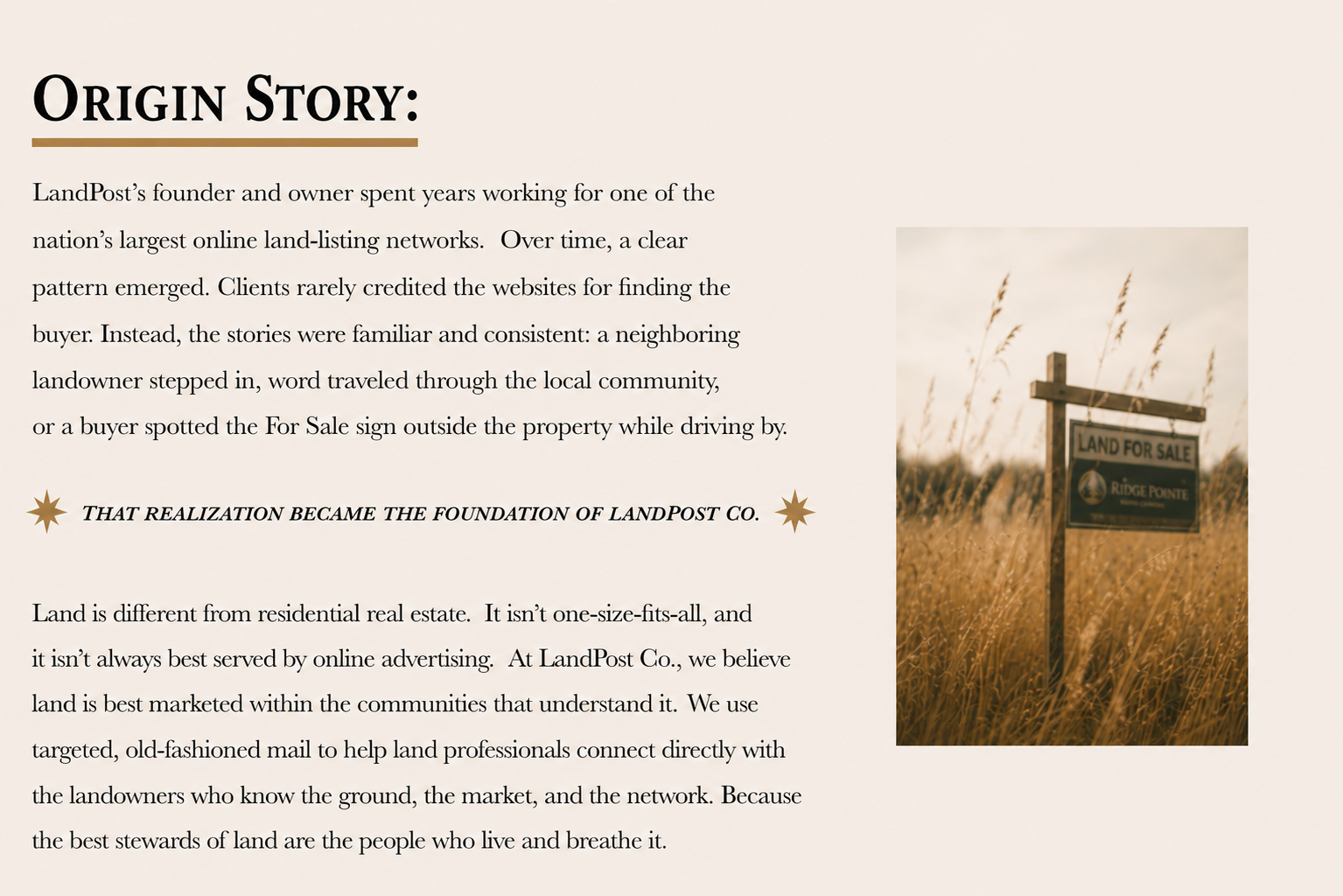 A land for sale sign in a grassy field with tall, dry grass and a beige sky, for Ridge Pointe.