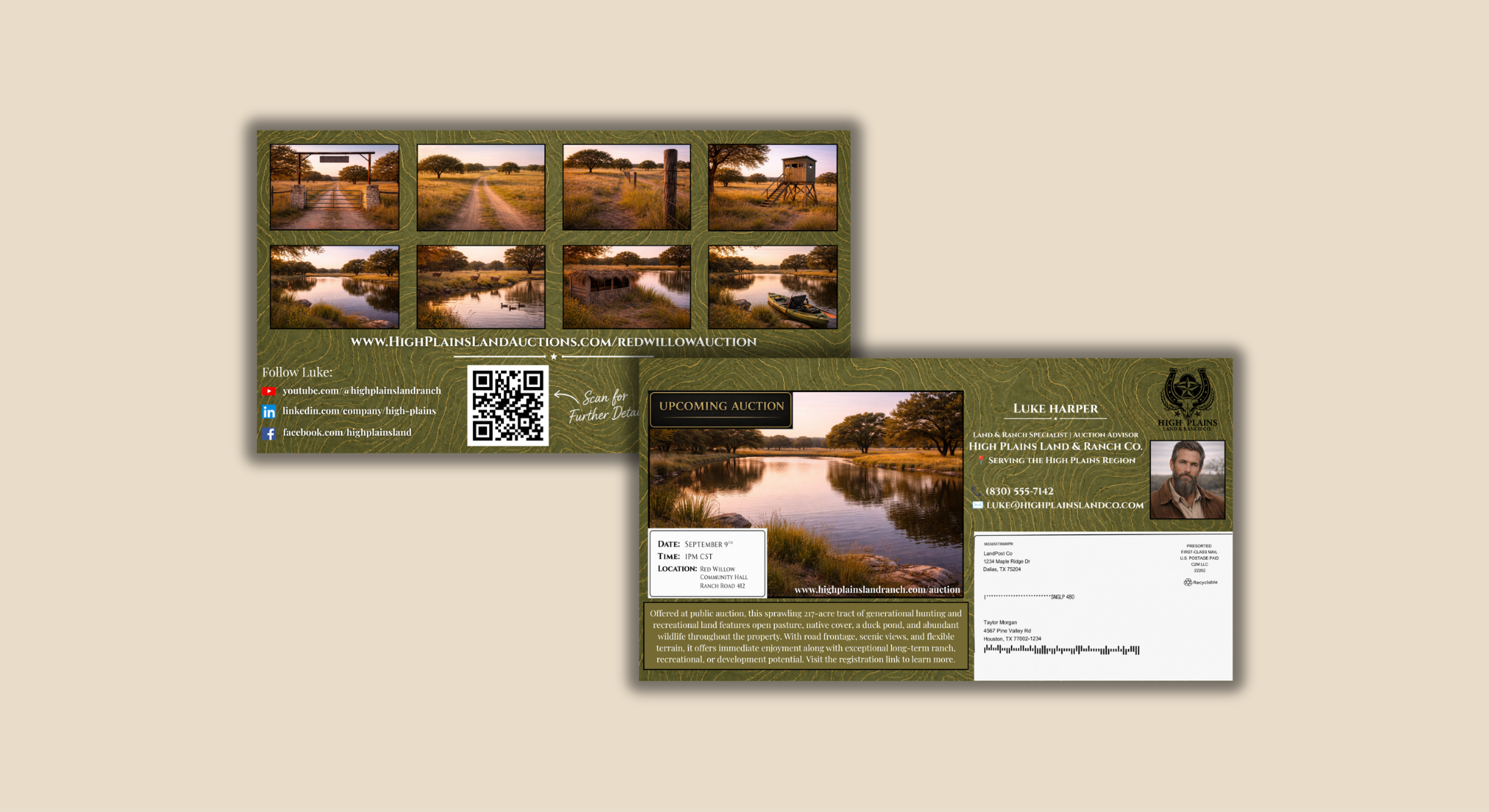 A real estate auction postcard featuring photographs of a rural landscape with a pond, trees, and a dirt road, along with details about the auction including date, time, location, and contact information.