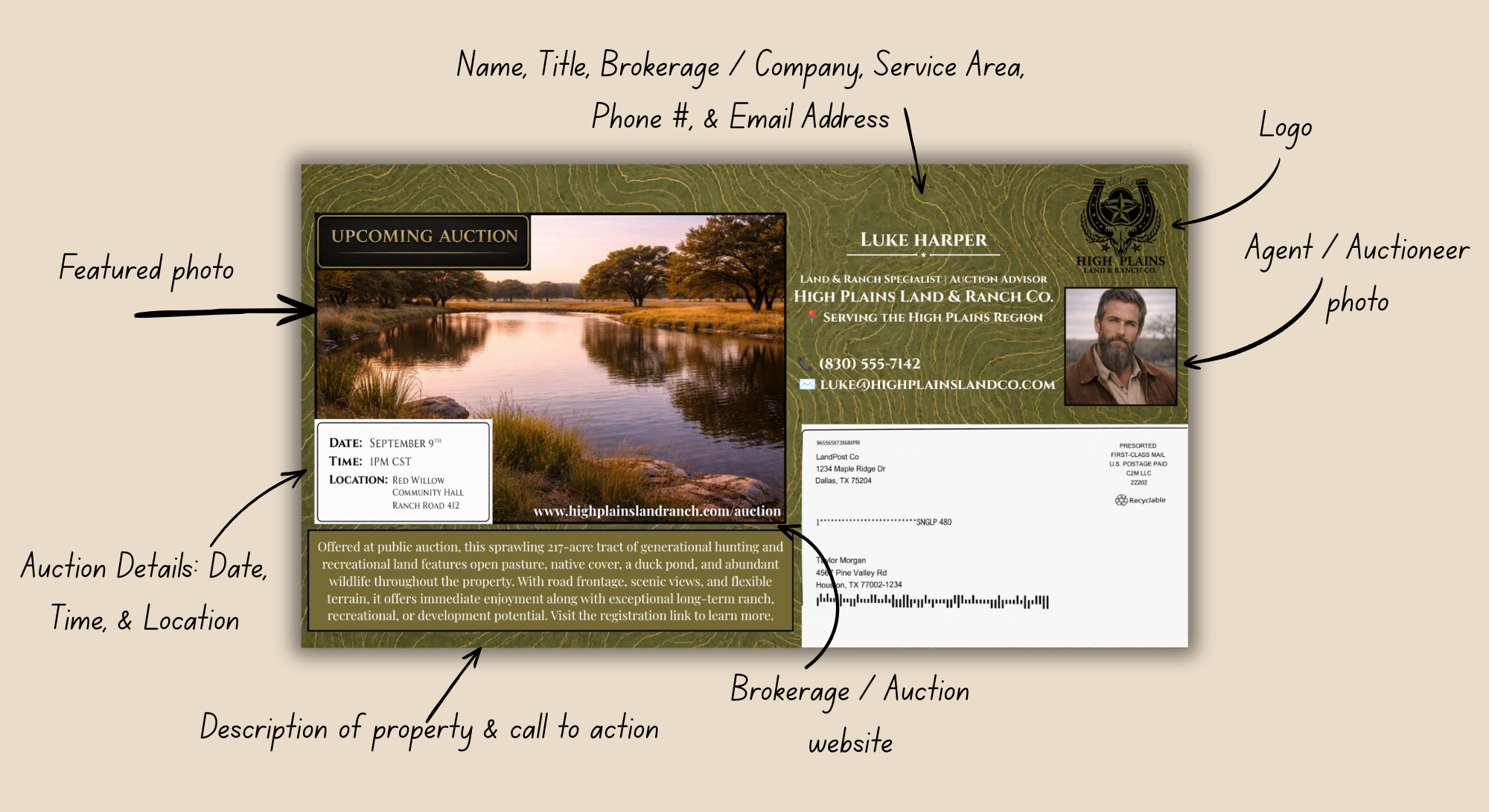 Business card for land and ranch real estate services featuring a scenic landscape with water and trees, contact information, agent photo, company logo, auction details, and property description.