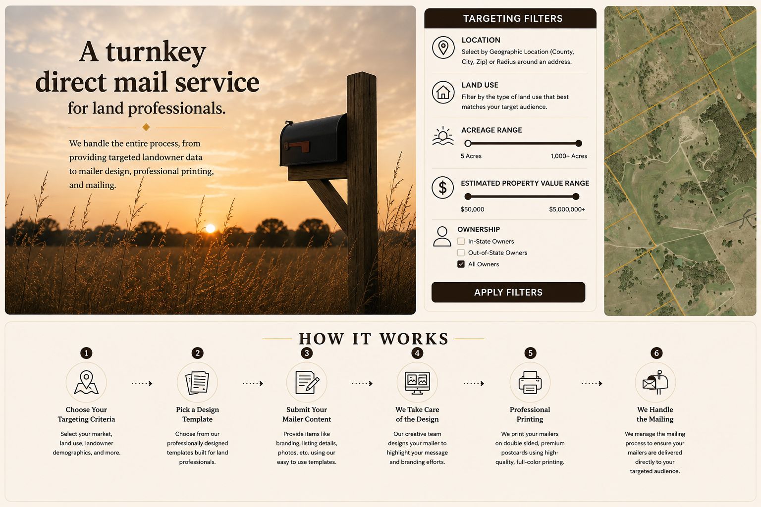 Webpage offering land professional direct mail services, with sections on targeting filters, a map, and a six-step process for mailing. The background image shows a mailbox on a post during sunset, with a field and trees in the distance.