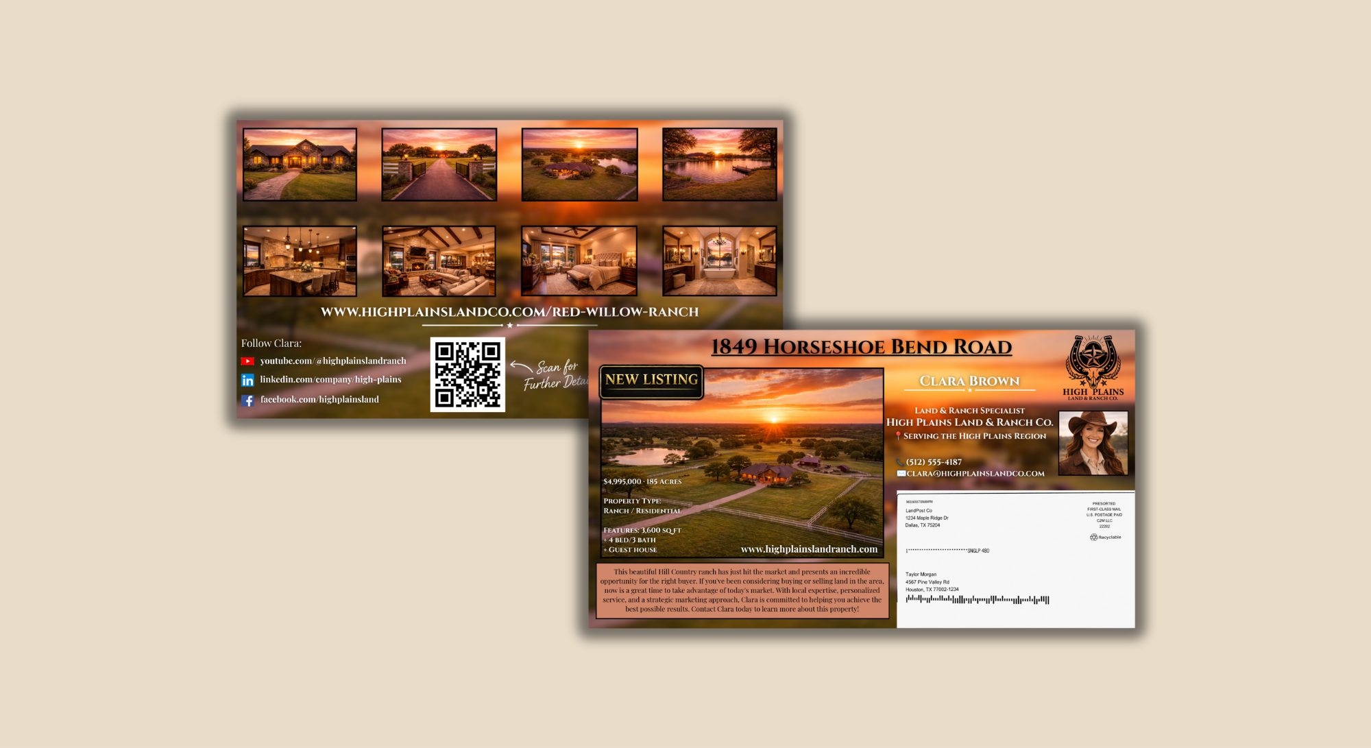 Real estate flyer showcasing a ranch property with images of the house, lake, and interior rooms, along with contact information and social media links.