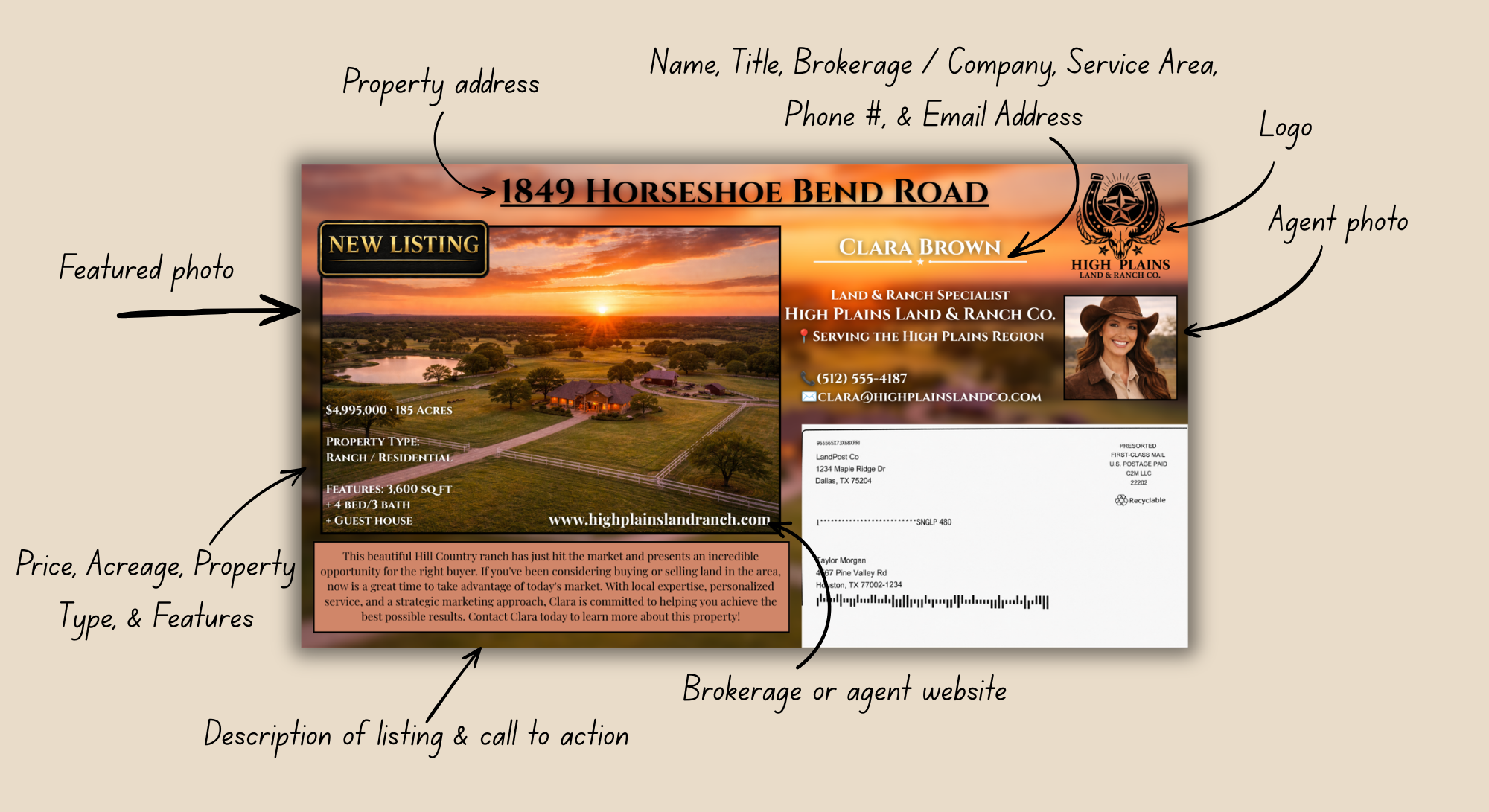 A real estate listing flyer advertising a property at 1849 Horseshoe Bend Road. It features a sunset over a ranch, with details about the property including price, acreage, features, and type. The flyer includes a broker website, agent photo, agent name, and contact information, along with a company logo and a call to action to contact the agent.
