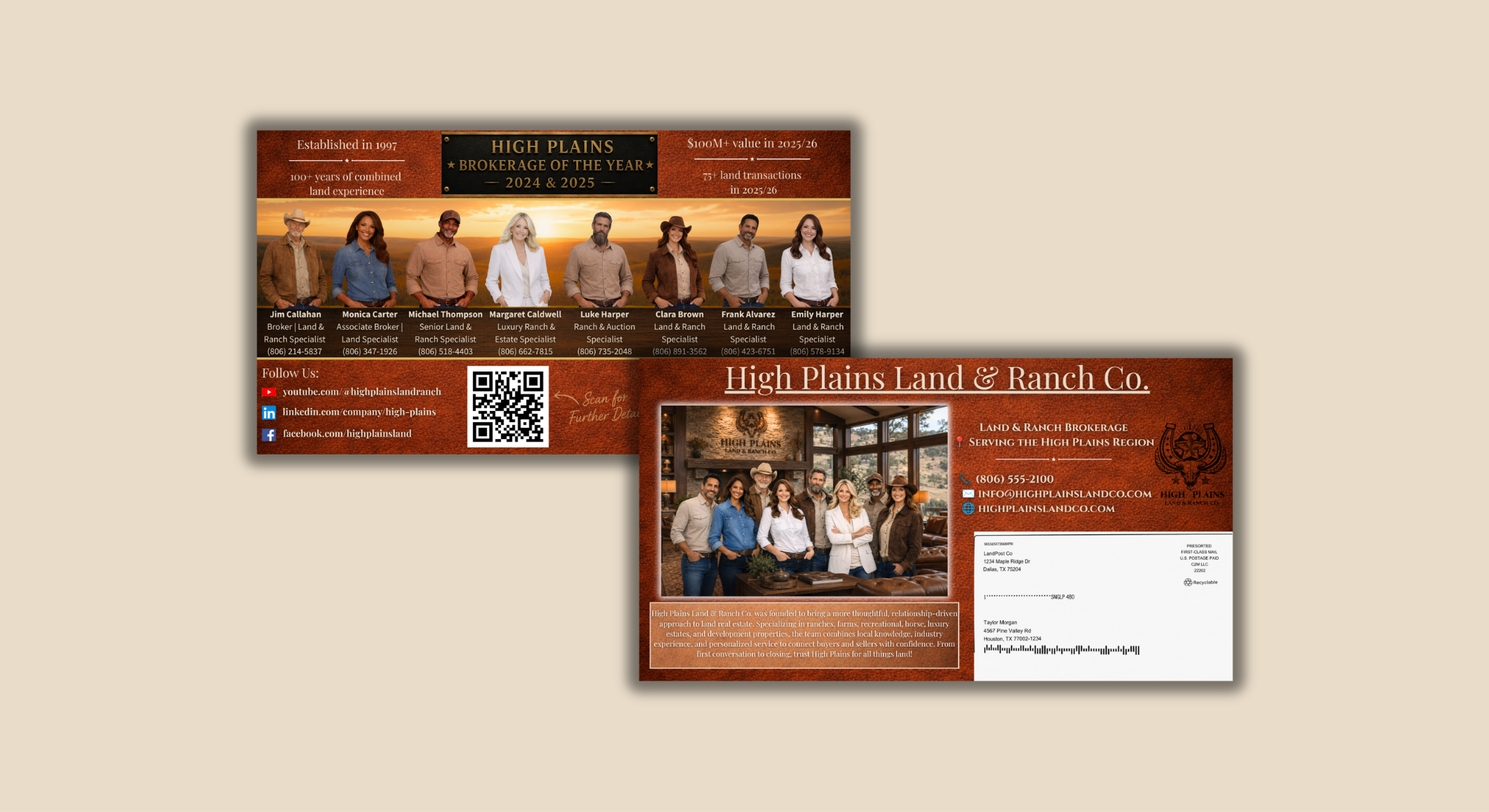 A business card for High Plains Land & Ranch Co. with images of the team members, contact details, and social media links; the card highlights land and ranch brokerage services in the High Plains region.