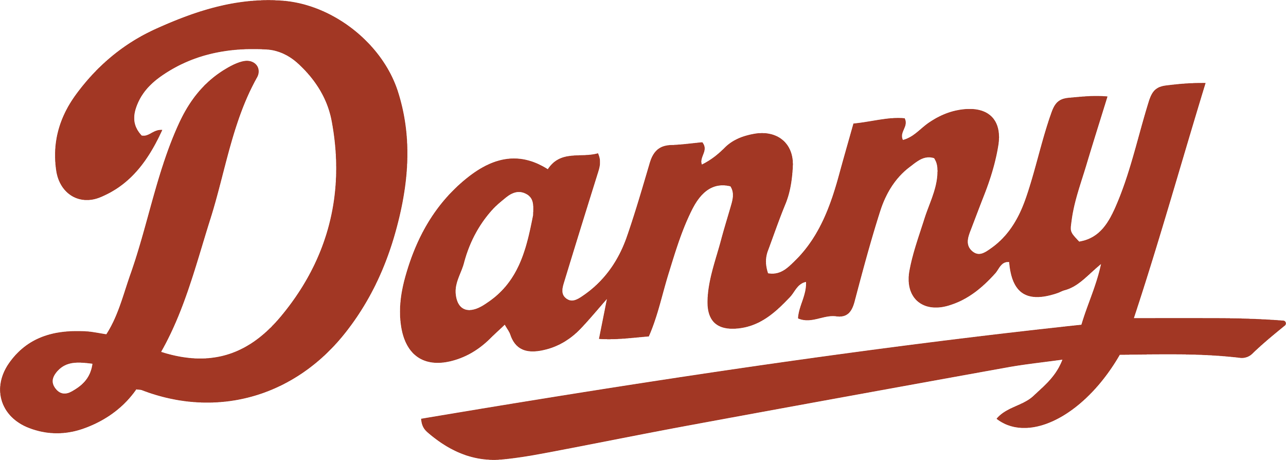 Logo with the word "Denny's" in stylized, cursive text, colored brown.