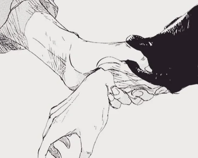 Line drawing of two hands clasped, one hand is light-colored and the other is dark-colored.