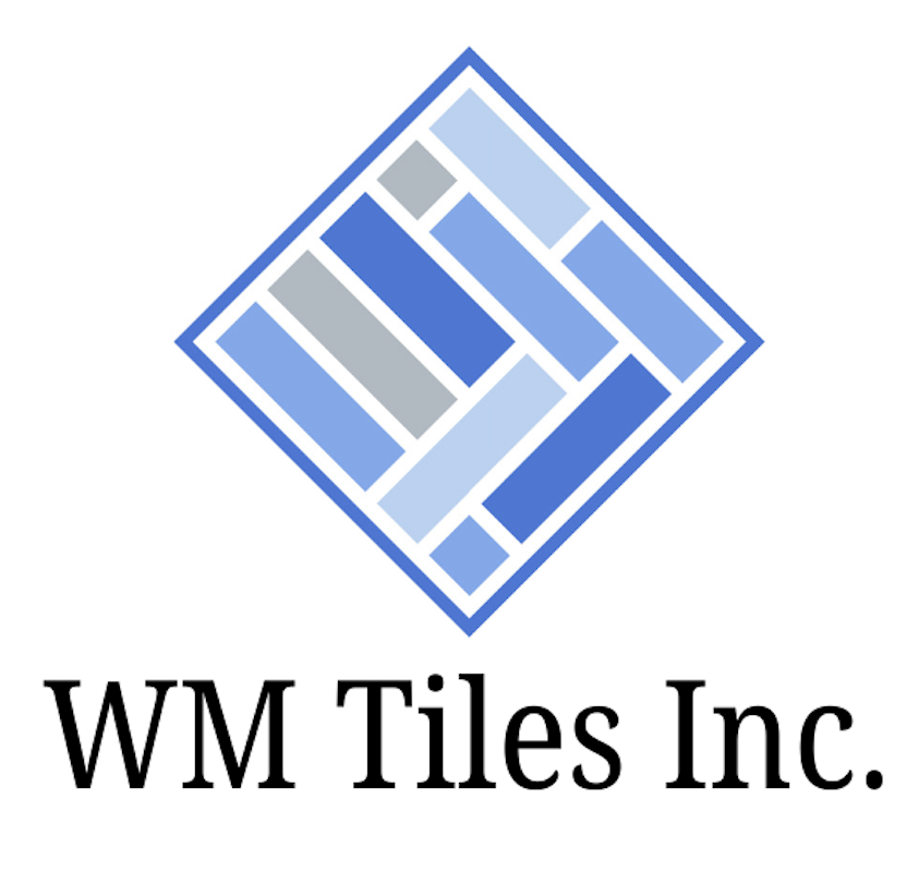 Logo of WM Tiles Inc. featuring a diamond-shaped mosaic tile pattern in shades of blue and gray with the company name below.
