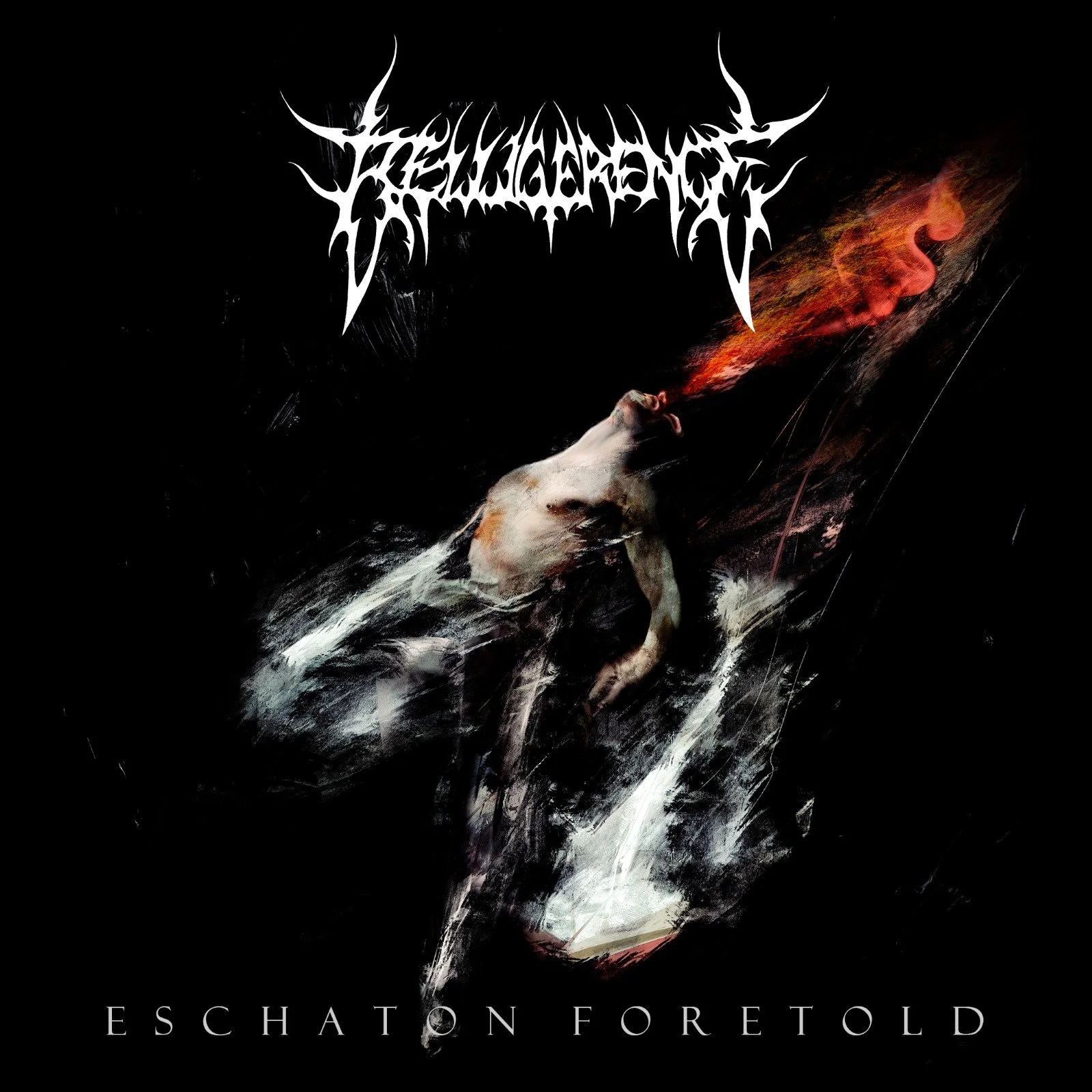 The EP cover art for Belligerence's debut EP, "Eschaton Foretold," shows a figure with an arched back, breathing fire. The band logo is at the top and the EP title at the bottom.