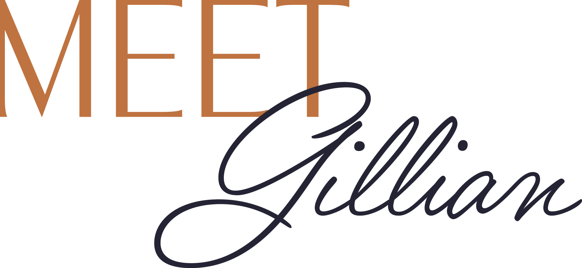 The logo for "Meet Gillian" features the word "MEET" in large uppercase brown letters and "Gillian" in cursive black script underneath.